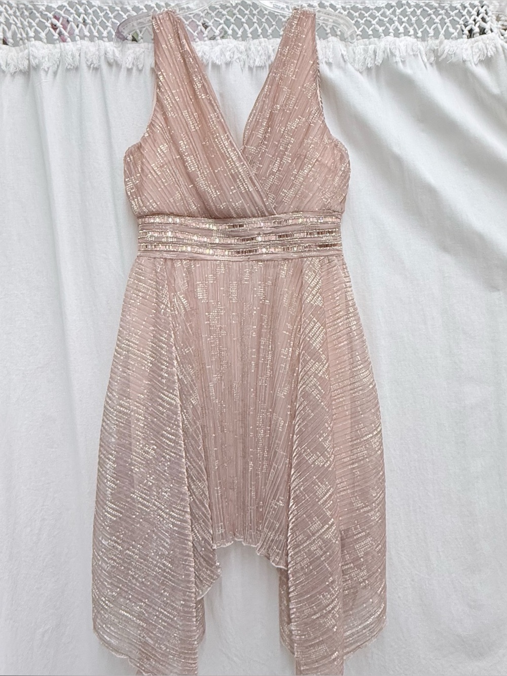 Rose Gold Metallic Pleated Handkerchief Hem Cocktail Dress